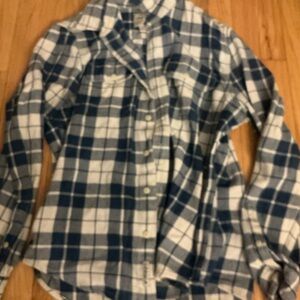 Old Navy Women's Blue and White Plaid Button Down Shirt